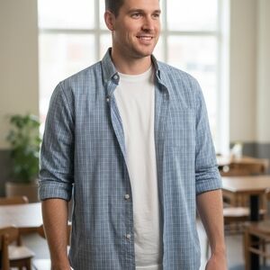 Men's Blue Checkered Button-Down Shirt